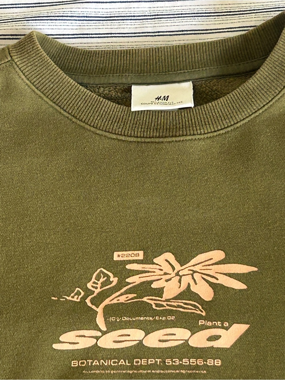 H&M Men’s Olive Green Crewneck Sweatshirt with Pale Pink Botanical Print